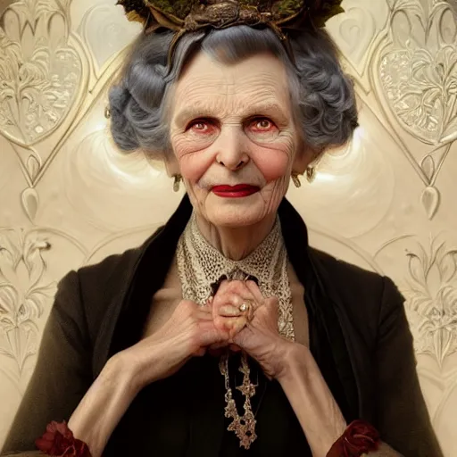 Image similar to portrait painting of an extremely fancy elderly woman with a devious expression, gaslamp fantasy, victorian, ultra realistic, concept art, intricate details, eerie, highly detailed, photorealistic, octane render, 8 k, unreal engine. art by artgerm and greg rutkowski and charlie bowater and magali villeneuve and alphonse mucha