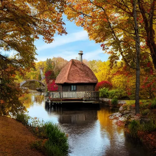 Image similar to a wooden cottage by the river with a bridge connecting to it, portrait, highly detailed, autumn, falling leaves, cozy, 8 k,