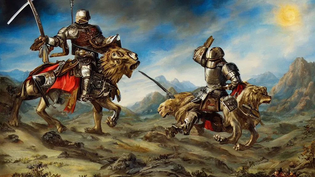 Image similar to fully armored knight wielding an automatic weapon fighting a lion in a medieval setting, painted by bob ross