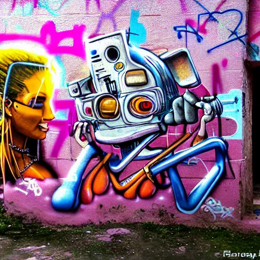 Image similar to breakfast at las pozas, graffiti on a wall, happy mood, cyberpunk, futuristic, technilogy, high detail, golden light, realistic