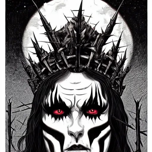 Image similar to full body detailed artwork of man wearing corpse paint and a crown on thorns with long black hair, tears of blood. Wide shot at night. Artwork by Junji Ito and dan Mumford