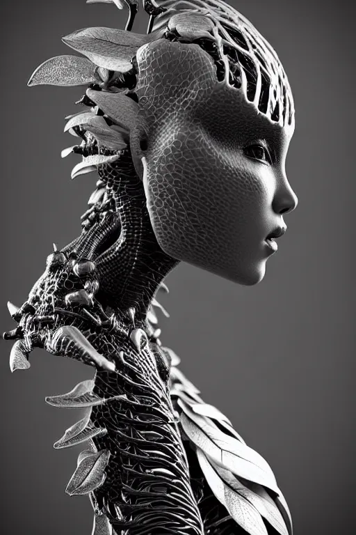 Image similar to bw close - up profile face, black background, beautiful young porcelain vegetal - dragon - cyborg - female, 1 5 0 mm, beautiful natural soft rim light, silver gold details, magnolia leaves and stems, roots, mandelbot fractal, elegant, ultra detailed, white metallic armour, octane render, h. r. giger style