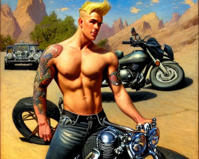 Image similar to handsome tattooed blonde gym bro next to a motorcycle, cool colors, hard angles, painting by gaston bussiere, craig mullins, j. c. leyendecker, tom of finland