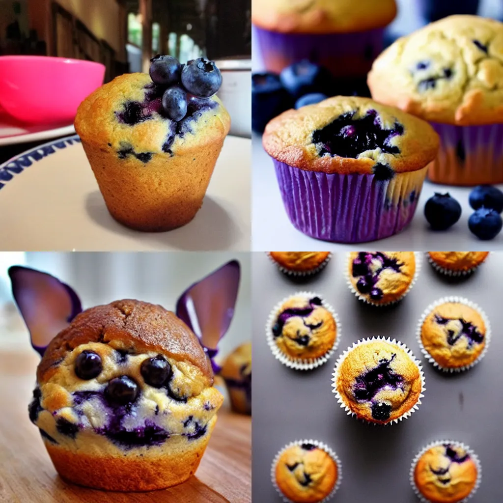 Prompt: a blueberry muffin that looks like a chihuahua’s face