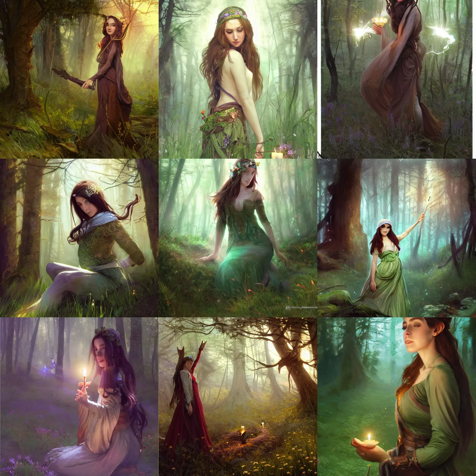Prompt: Beautiful woman, elf, Brown hair, magic wand, candles, light fog, green lights, head scarf, meadow in the forest, old trees, full body shot, fantasy character, detailed illustration, hd, 4k, digital art, overdetailed art, concept art, by greg rutkowski, by Alfons Mucha, complementing colors, Trending on artstation, deviantart