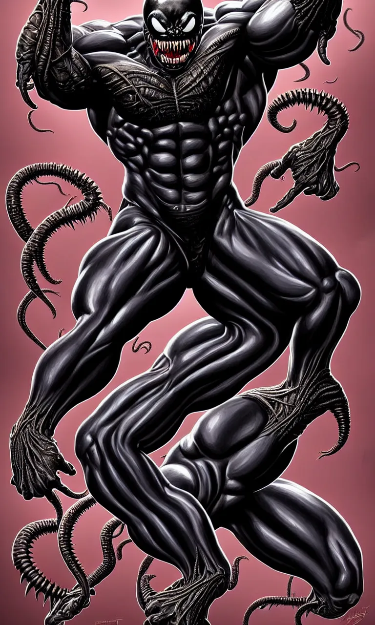 Image similar to legs and feets study of hyper realist full body long shot portrait of bodybuilder venom from marvel comics!!!!, large mouth with teeth, large tongue, lovecraftian horror!!, fantasy, intricate, elegant, highly detailed, digital painting, artstation, concept art, matte, sharp focus, illustration, art by glenn fabry and giger