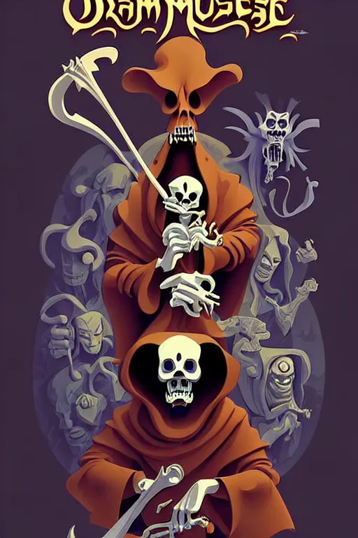 Image similar to video game cover, disney grim reaper dressed with a cape surrounded by monsters and demons, intricate baroque style. by mike mignola, by goro fujita, by octavio ocampo, masterpiece. intricate artwork, very coherent symmetrical artwork, cinematic, pixar studio, smooth gradients, high contrast. full body character, clean ink detailed line drawing