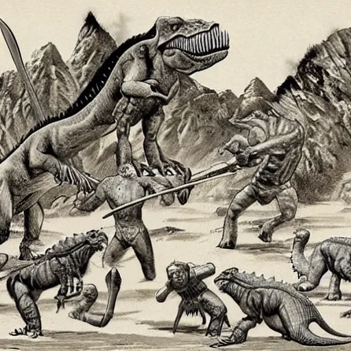 Image similar to A large dinosaur! fighting with several realistic detailed cavemen with proportioned bodies, next to the dinosaur are cavemen, the cavemen are armed with spears, the caveman are in a fighting stance, the cavemen are wearing animal furs, one caveman is stabbing the dinosaur with his spear, one caveman is cowering in fear, coarse canvas, visible brushstrokes, intricate, extremely detailed painting by William Turner (and by Greg Rutkowski)