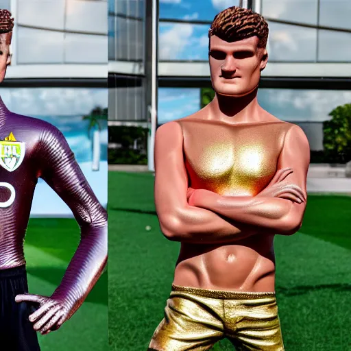 Image similar to a realistic detailed photo of a guy who is an attractive humanoid who is half robot and half humanoid, who is a male android, soccer players martin ødegaard & timo werner, shiny skin, posing like a statue, blank stare, by the pool, on display, showing off his muscles, gold soccer shorts, no jersey, statue, many copies of them