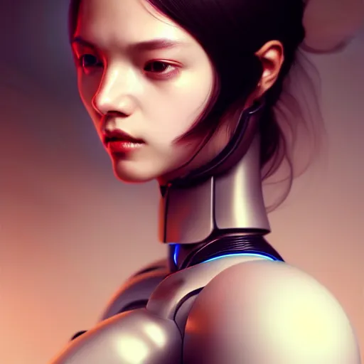 Prompt: portrait of beautiful girl with robot body by artgerm and fenghua zhong and ruan jia, close up, portrait, cinematic, elegant, artstation, intricate, highly detailed, digital painting, artstation, concept art, sharp focus, illustration, cyberpunk, cgsociety, 8 k