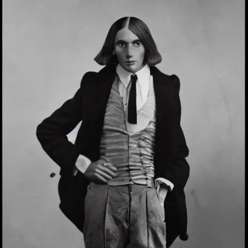 Image similar to High resolution 1930s portrait of a young anorexic man with very long hair and extravagant clothes