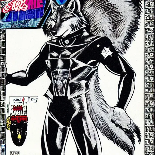 Image similar to 1 9 8 0 s comic book cover scan featuring a portrait of villain male wolf o'donnell anthropomorphic wolf furry fursona from starfox wearing a dark space mercenary uniform, dark grey wolf, handsome eyes, wolf o'donnell