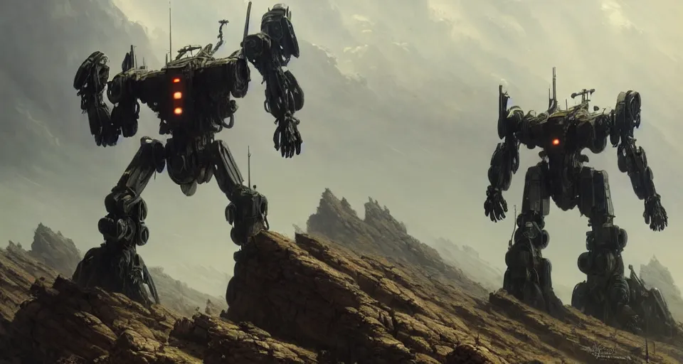 Image similar to hyper realistic sci - fi matte concept art painting of mecha on a cliff overlooking a raging battle, beautiful details, strong composition painted by kim jung guweta studio rutkowski, james gurney and greg rutkowski, and lucasfilm, smooth, intricate, detailed, sharp focus, cinematic