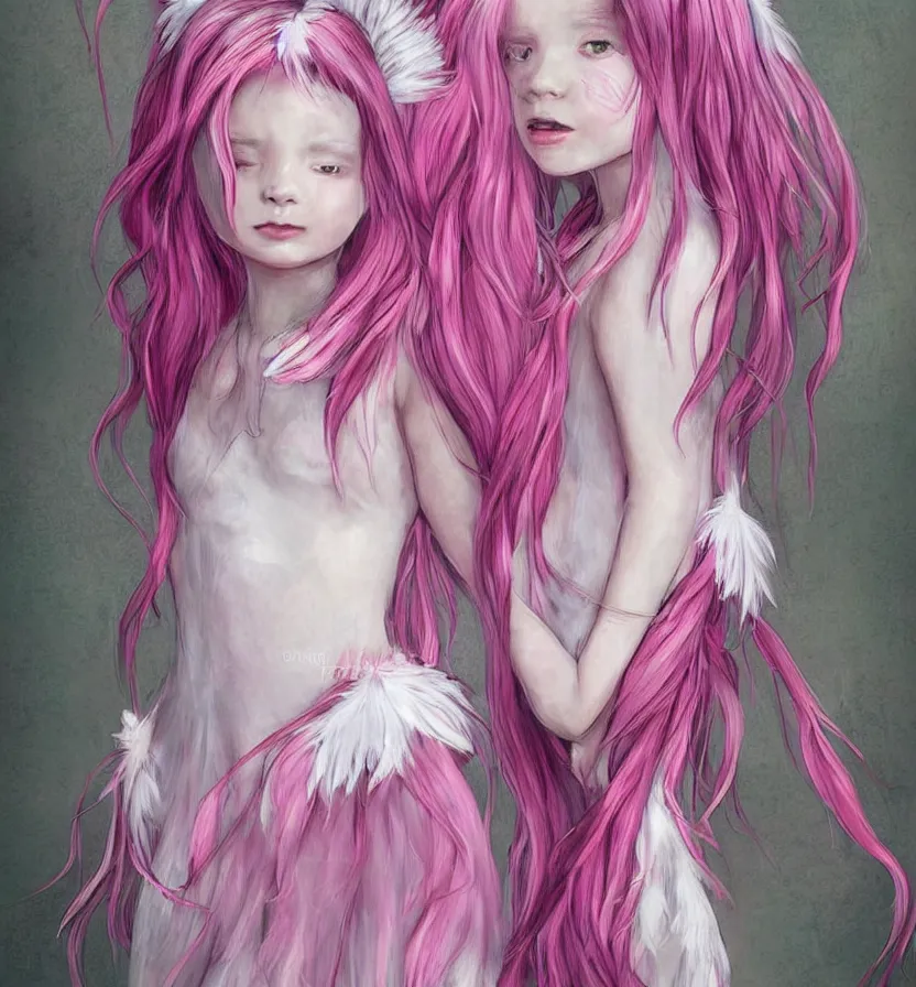 Image similar to little girl with eccentric pink hair wearing a dress made of white feather, anatomically perfect, art by dcwj,