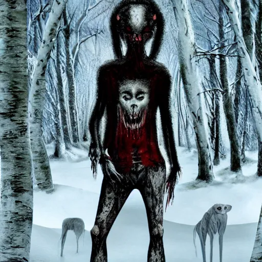 Image similar to blood soaked skinwalker, lanky, skinny, pale skin, snow, forest, dark, horrifying