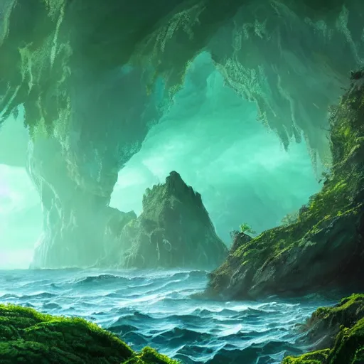 Prompt: a scary glowing green magical portal to another world in darwin's arch, ocean and rock landscape, d & d, fantasy, intricate, elegant, highly detailed, digital painting, artstation, concept art, matte, sharp focus, illustration, art by hayao miyazaki and hideo kojima