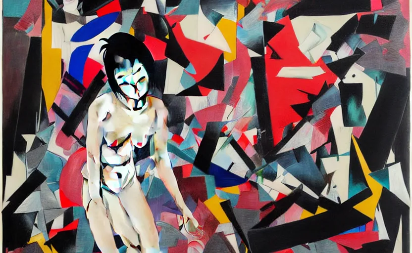 Image similar to decollage painting young japanese actress running from the pursue and struggling in a ruined city by adrian ghenie and takato yamamoto and edward hopper and mark ryden and tsutomu nihei, part by bridget riley, acrylic pour and splashing paint, very coherent, baroque elements, perfect anatomy, intricate design. pop art.