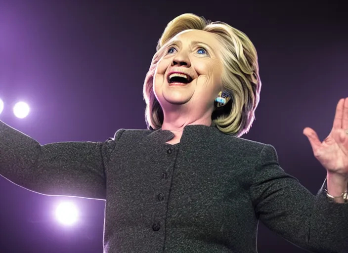 Image similar to publicity photo still of hillary clinton in a death metal band playing live on stage, 8 k, live concert lighting, mid shot