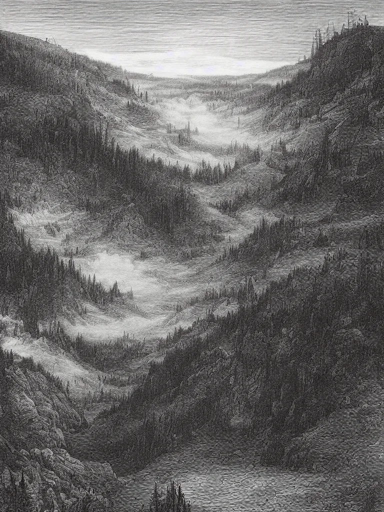 Image similar to an engraving of yellowstone national park by gustave dore and albrecht durer highly detailed, fog, depth, lithograph engraving