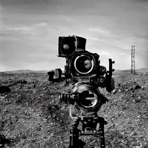 Image similar to portrait of irradiated post apocalyptic nuclear wasteland 1950s future black and white award winning photo highly detailed Arriflex 35 II, lighting by stanley kubrick