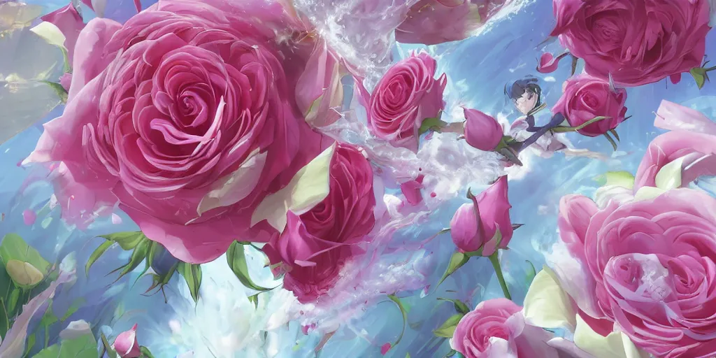 Prompt: background art of magic invisible blade slicing through a bouquet of white and pink roses, flowers exploding and spraying and splattering, big puffy clouds, exploding roses, large rose petals, lotus petals, large polygonal background elements, large polygons, studio ghibli anime, radiant lighting, artgerm, manga, trending on artstation, art nouveau, mature colors