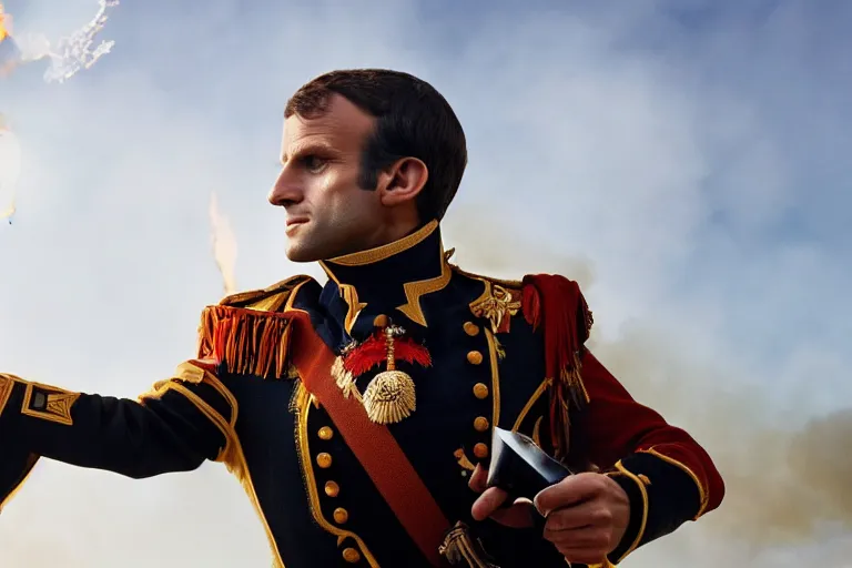 Prompt: closeup portrait of emmanuel macron dressed as napoleon firing cannons from his arms, natural light, sharp, detailed face, magazine, press, photo, steve mccurry, david lazar, canon, nikon, focus