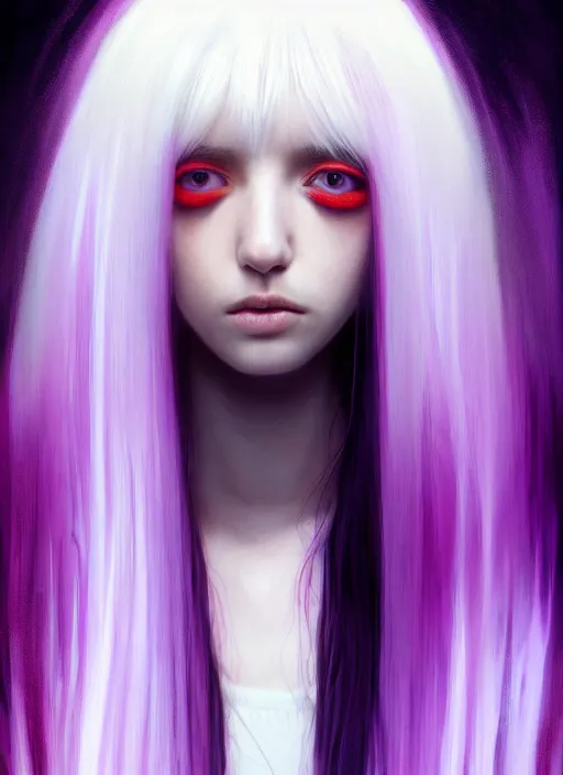 Image similar to hair whitebangs hair, black hair, whitebangs, portrait of teenage girl with white bangs, red irises, purple clothes, white bangs, bangs are different color from hair, intricate, elegant, glowing lights, highly detailed, digital painting, artstation, concept art, smooth, sharp focus, illustration, art by wlop, mars ravelo and greg rutkowski