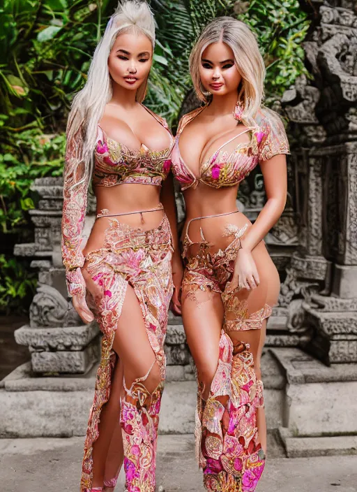 Image similar to portrait of lindsey pelas and demi rose wearing kebaya in bali temple, by charlotte grimm, natural light, detailed face, beautiful features, symmetrical, canon eos c 3 0 0, ƒ 1. 8, 3 5 mm, 8 k, medium - format print, half body shot