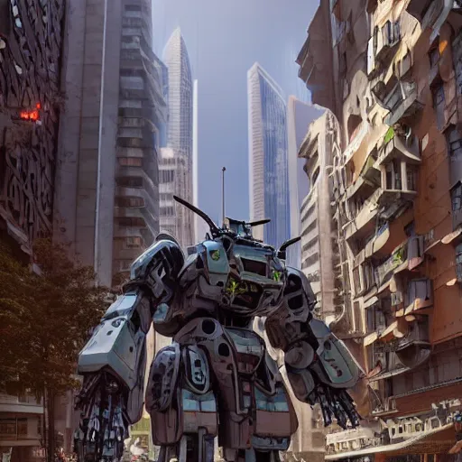 Image similar to a beautiful hyperrealistic ultradetailed 3D render of a gigantic mecha standing in the city, by brian sum and stephen martiniere and Antonio Manzanedo. mech, dragon, unreal engine, octane render, PBR, 3D, brilliantly colored, intricate, wide angle, volumetric lighting, polished, path tracing