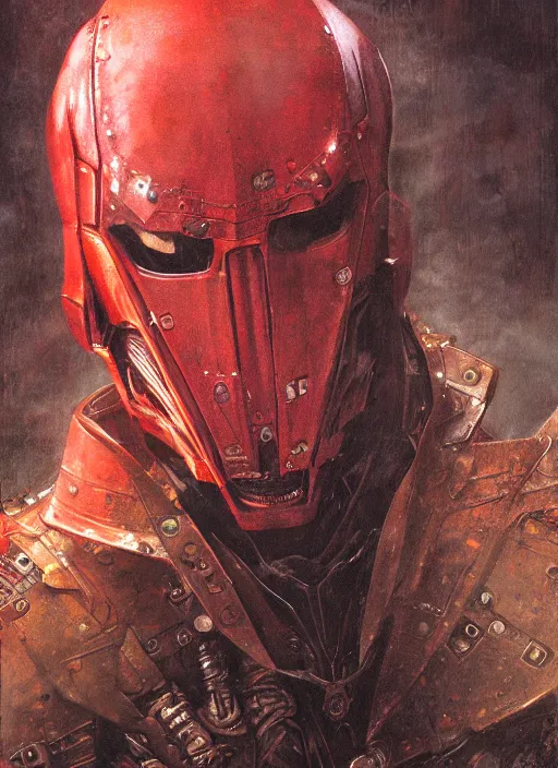 Image similar to portrait of rotten Nicolas Cage as adeptus mechanicus in red hood and robe from Warhammer 40000. Highly detailed, artstation, illustration by and John Blanche and zdislav beksinski and wayne barlowe and Gustav Klimt