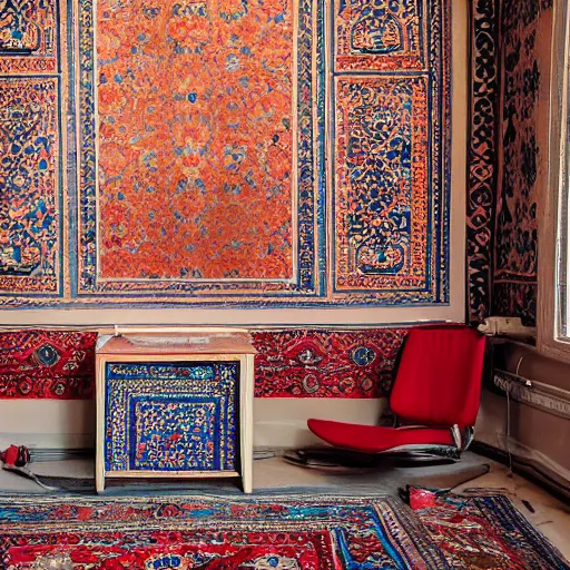 Image similar to a room with a chair, a table, a speaker and a persian carpet on the floor, unsplash, postminimalism, aesthetic