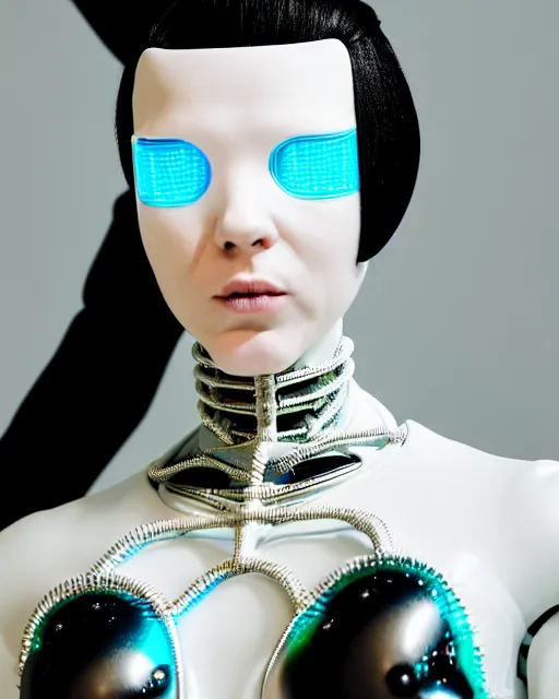 Prompt: symmetrical portrait of a biomechanical cyborg wearing a silicone swarovski studded iridescent beauty mask and neon hair buns, wearing a black bodysuit by alexander mcqueen, cream white background, soft diffused light, biotechnology, humanoid robot, bjork aesthetic, translucent, by rineke dijkstra, intricate details, highly detailed, masterpiece,