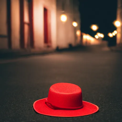 Prompt: close up photo of a floating hat in a red lit back street, cinematic, depth of field, bokeh, atmospheric, 8k, trending on artstation