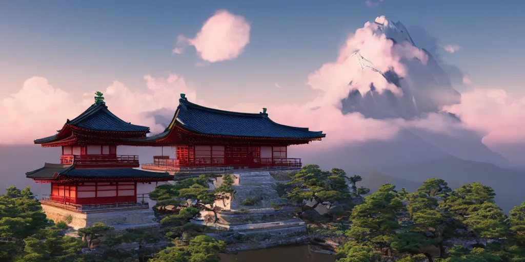 Image similar to a ancestral japanese temple on the top of a mountain at sunset, hyperrealistic, concept art, octane render, unreal engine 5, synthwave, high quality, highly detailed, 8 k, digital art, concept art, breathtaking landscape, cinematic lighting, path traced, over the clouds, godrays, complementary colors, natural lighting, masterpiece, mythical