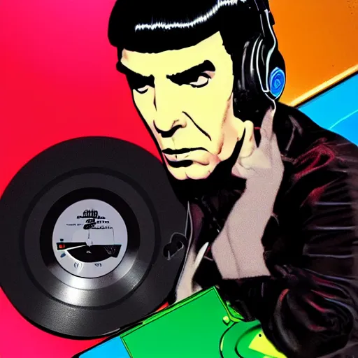 Prompt: svg sticker of a Pop-Wonder Captain-Spock-Star-Trek at a rave, spinning records, giant headphones rocking out, wearing headphones, huge speakers, dancing, rave, DJ, spinning records, digital art, amazing composition, rule-of-thirds, award-winning, trending on artstation, featured on deviantart