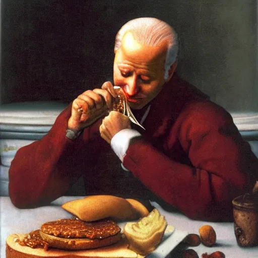 Image similar to joe biden eating a hamburger by da vinci, 4 k