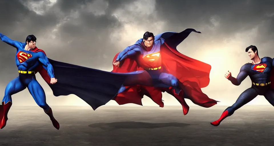 Image similar to Superman Battles Batman, Designed By Moebius Yasushi Nirasawa and HR Giger, full body action pose, hyperrealistic, octane render, HDR, volumetric lighting,