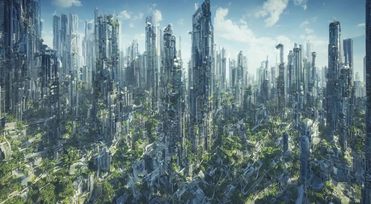 Prompt: city of organic skyscrapers in style of solarpunk, gorgeous wide angle establishing shot, cinematic, cinematic lighting and light rays, corona render, octane render, photorealistic, highly detailed, very intricate