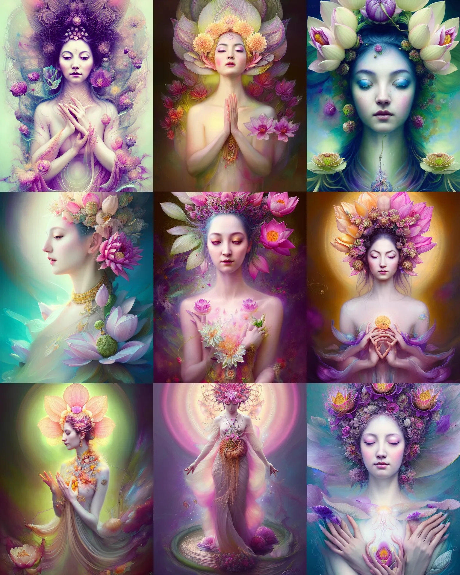 Prompt: Full View realistic Portrait ethereal lotus flower deity wearing beautiful dress, lotus flower Dryad beautiful dress, spirituality, 4k digital masterpiece by Anna Dittman and Alberto Seveso Ruan Jia, rossdraws, fantasycore, Hyperdetailed, realistic oil on linen, soft lighting, Iconography background, featured on Artstation