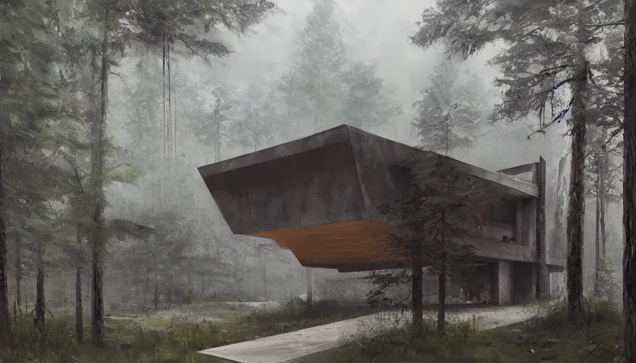 Image similar to brutalist house in the forest, cinematic shot, aaa game concept art oil painting by jama jurabaev, extremely detailed, brush hard, artstation, high quality, brush stroke