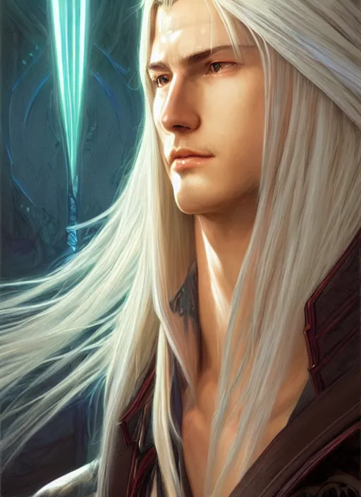 Image similar to centered portrait, Sephiroth as a male D&D Ranger, blonde hair, Art Nouveau, beautiful retro Fantasy heroine 1985, intricate, elegant, highly detailed, centered, digital painting, trending on artstation, concept art, smooth, sharp focus, illustration, art by raphael lacoste, eddie mendoza, Mucha, alex ross, WLOP