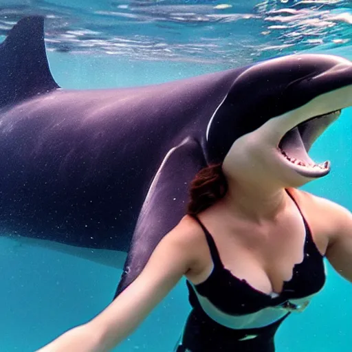 Image similar to gorgeous woman underwater with an orca whale trying to eat her