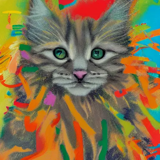 Image similar to a cream - colored maine coon kitten, digital art, by david schluss, colorful, gestural painting, abstract expressionists, jackson pollock, willem de kooning. energy influenced by both nature and music