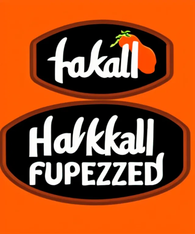 Image similar to a logo for frozen food shop called 'haikal frozen food' with elegant logo and detail food oriented and orange basic color with sausage on it,detail,and make people interested with that shop