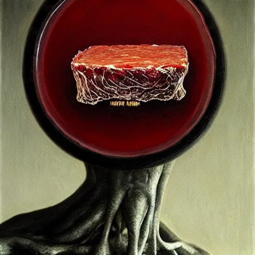 Image similar to meat jelly aspic on bone plate, incenerate painting by david cronenberg, beksinski, bernie wrightson, trending on artstation, horror film, creepypasta