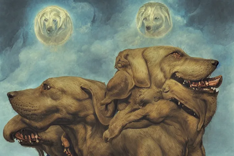 Prompt: hyperdetailed matte art of a three headed dog cerberus by william blake, greg rutkowski, amano, rene magritte, craig mullins, three headed dog cerberus, details