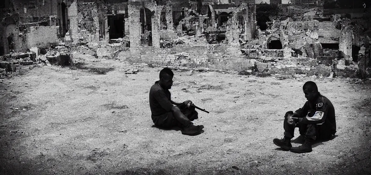Image similar to “sad soldier, sitting alone, smoking a cigarette, looking at the ruins of his city from a hill”