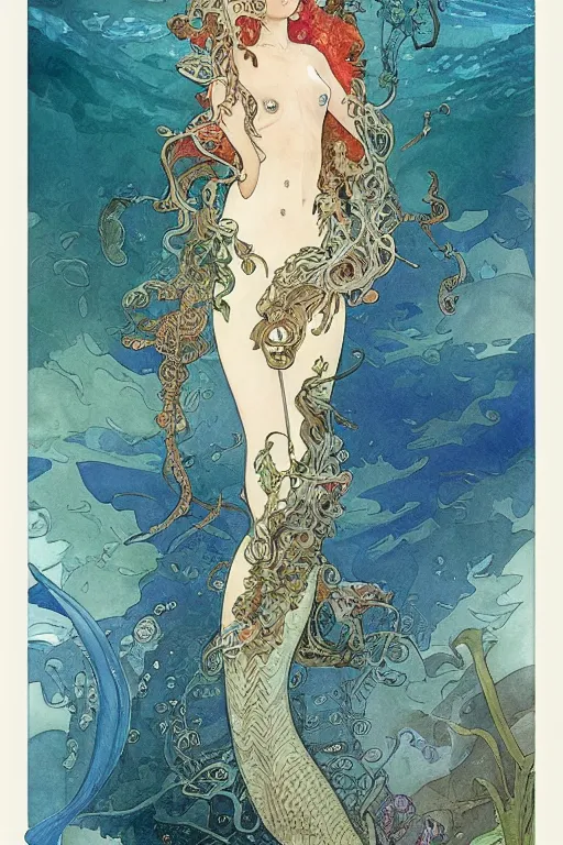 Image similar to a beautiful intricate watercolor illustration of a mermaid swimming with a manta ray in a coral reef, tropical fish and octopus, 4 k, ultra - wide angle, by william turner, by victo ngai, by alphonse mucha, by miho hirano, by moebius, hd, trending on artstation, hyper detailed, muted intense colors