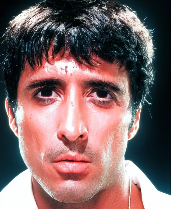 Image similar to headshot portrait. tony montana from movie scarface 1 9 8 3. al pacino, perfect symmetric face, coherent eyes, fine details., 4 k, ron cobb. cinestill