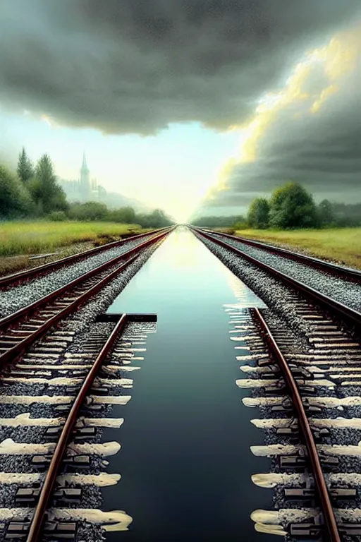 Image similar to shallow reflective water completely covers submerged invisible train tracks as a girl carries her shoes, there is a train station in the distance and large white clouds on a wide horizon, intricate, elegant, highly detailed, digital photo, artstation, concept art, smooth, sharp focus, art by artgerm and greg rutkowski and fra angelico